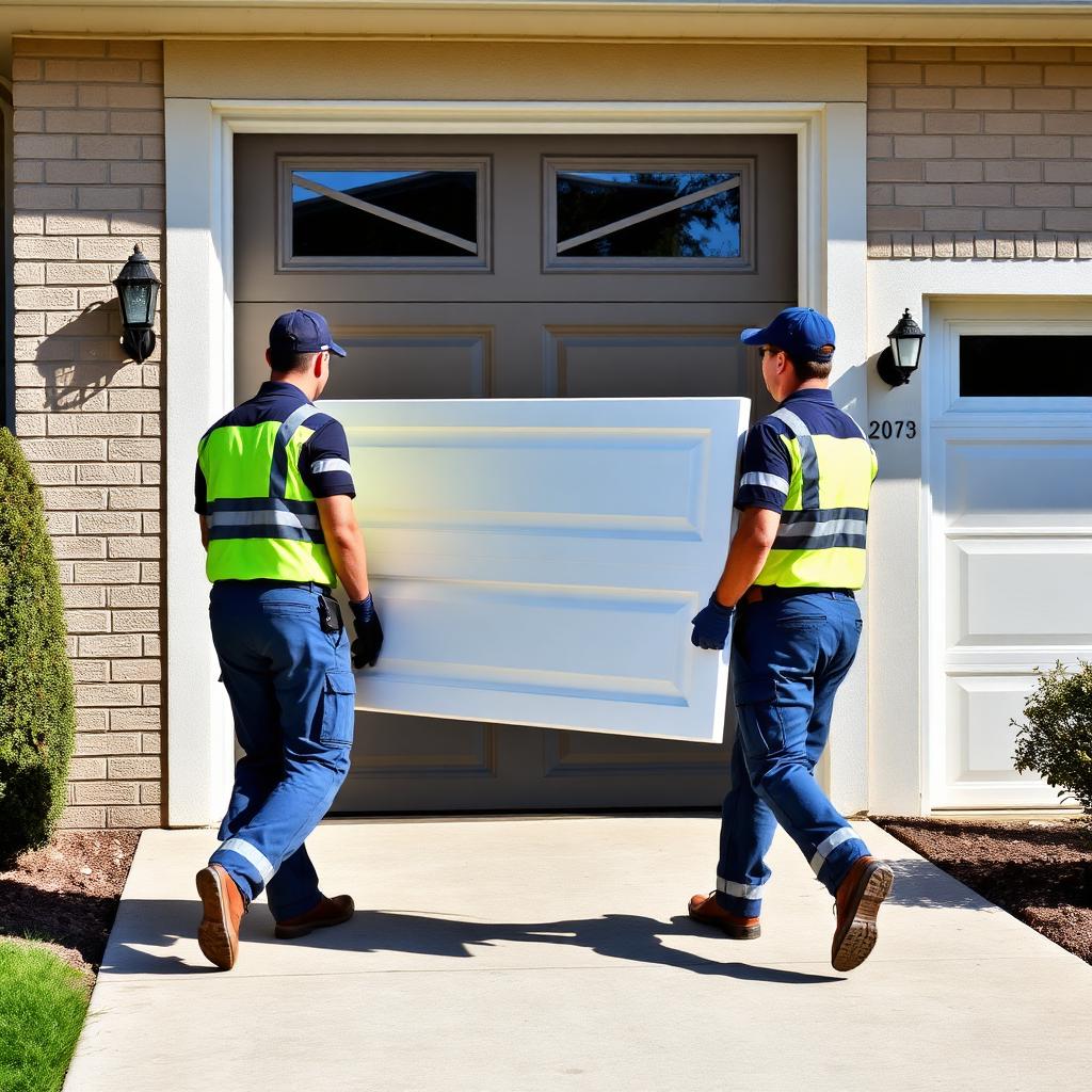 Two technicians installing a garage door